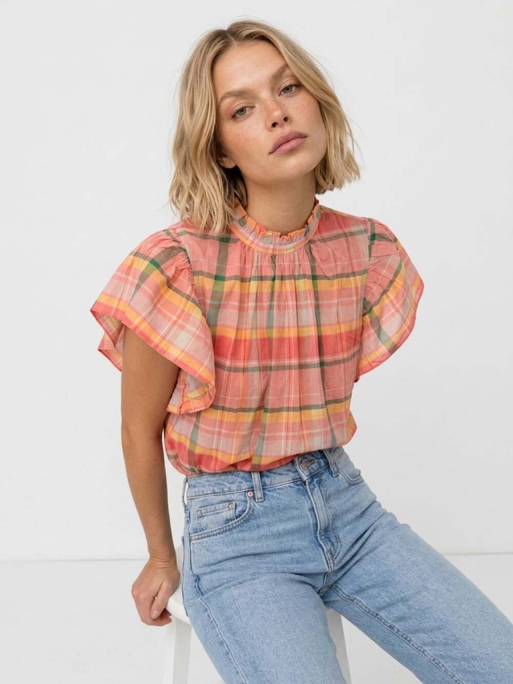 Trovata Carla High Neck Shirt Extra Small Pink Plaid Flutter Sleeve